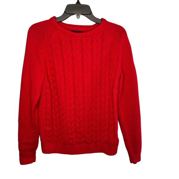 Lands End women’s Drifter Red Cable Knit Sweater Size M petite (10-12) Crew Neck - Picture 1 of 10